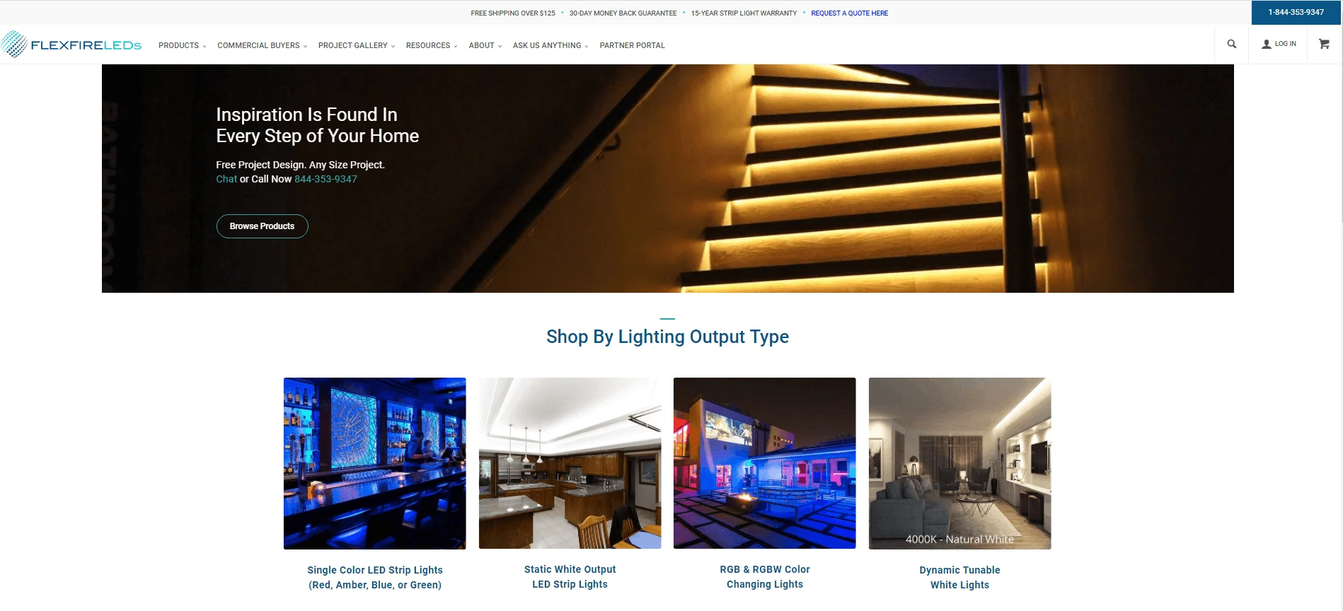 Website homepage showing LED strip lighting on stairs and various rooms, with navigation menu and product categories.