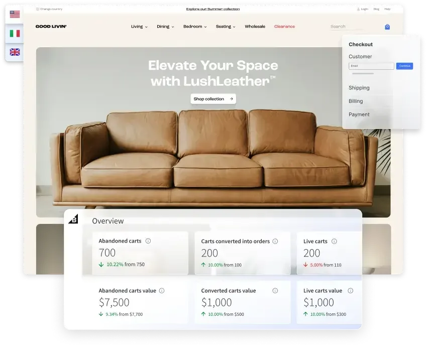 A tan leather sofa is displayed on a website for Good Livin' with sales analytics and a checkout form overlayed on the screen. 