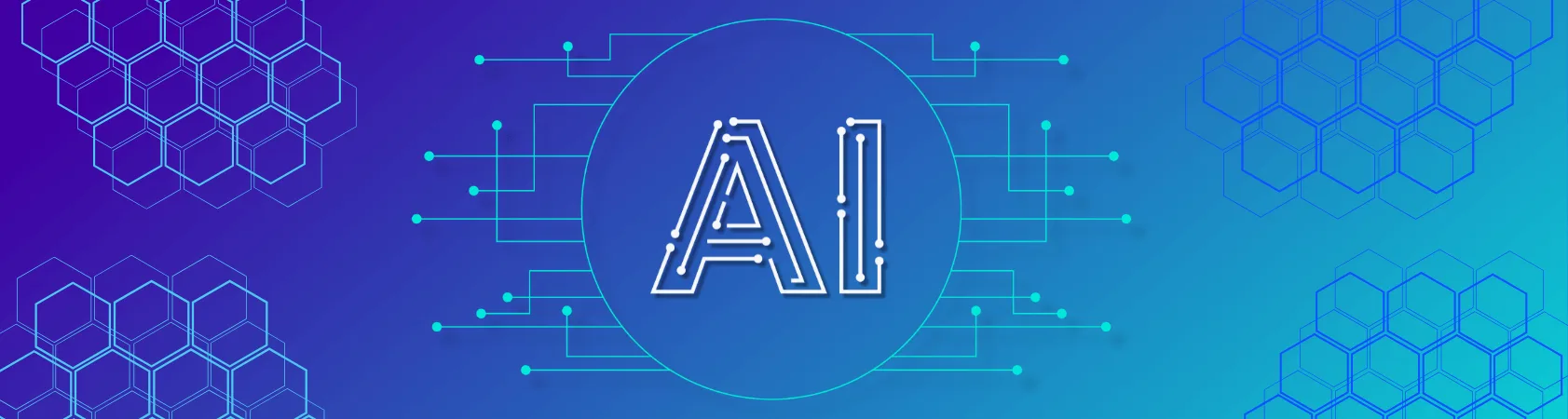 Digital AI lettering inside a circuit-style circle on a blue gradient background with hexagonal grid patterns.