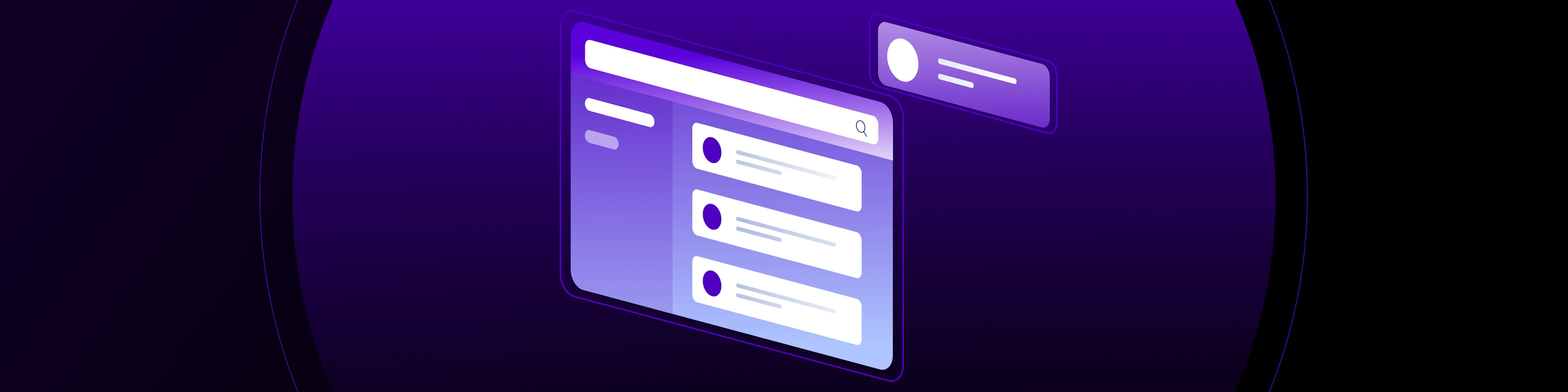 Isometric illustration of a webpage or search results screen with a navigation bar and purple listings, symbolizing technical information or data.