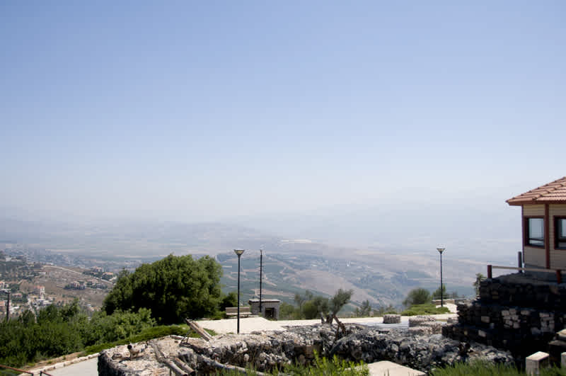 Hills in the distance of Israel's northern border in Kibbutz Misgav Am, Golan Heights, Israel. 