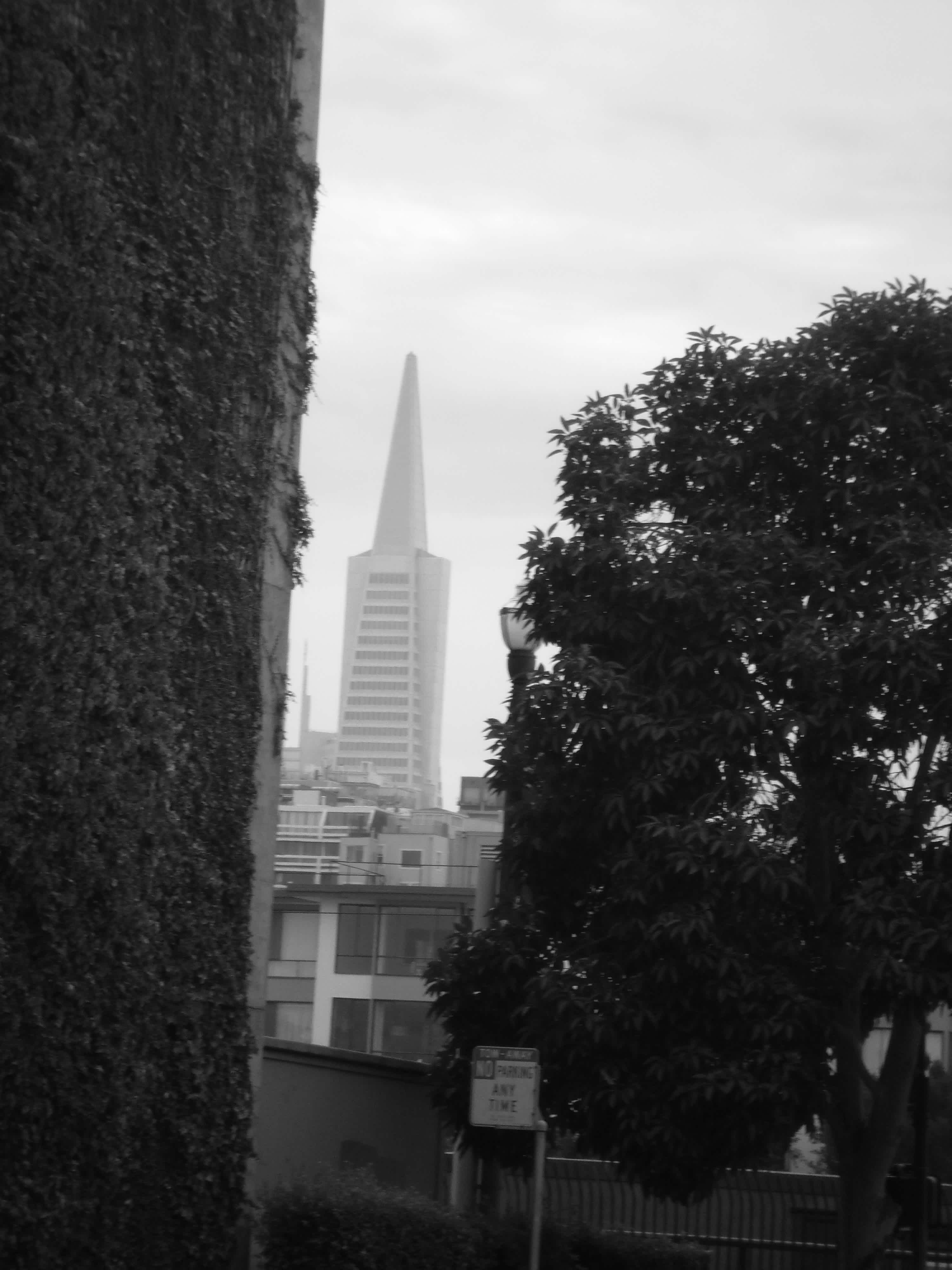 Black and white shot of the city with a tower in the background in Embarcadero, San Francisco, California.