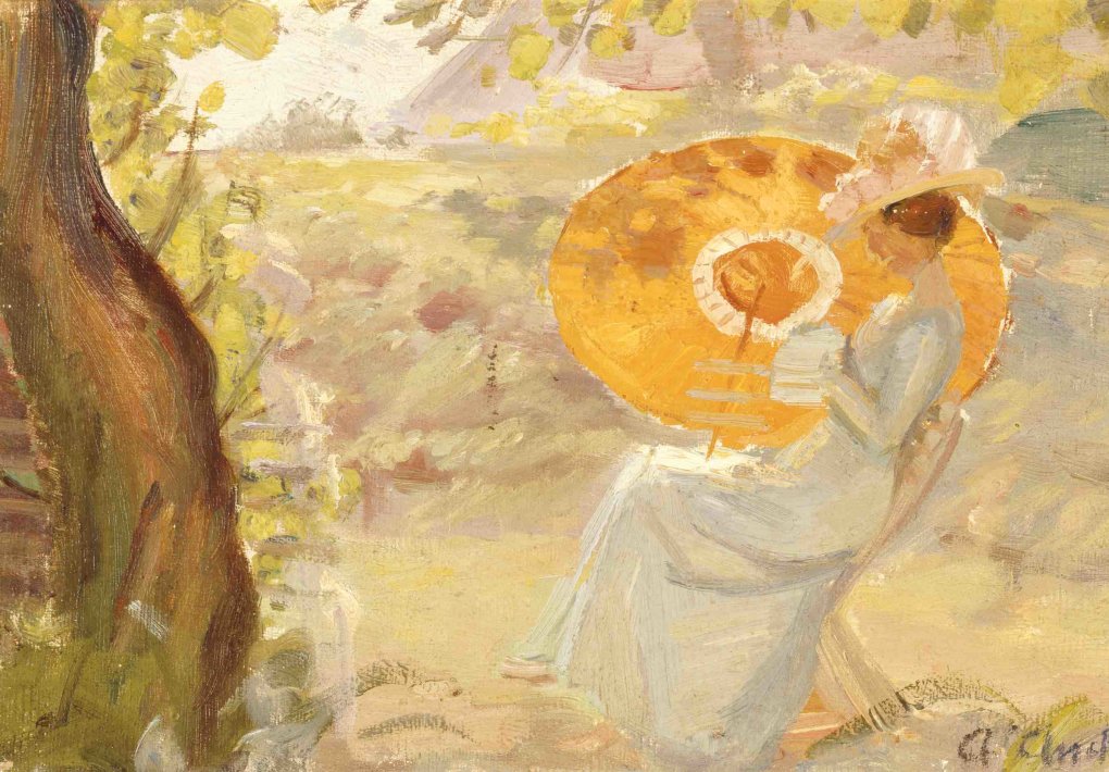 Anna Ancher, Ung pige i haven med orange parasol, ca. 1915-20 (udsnit)