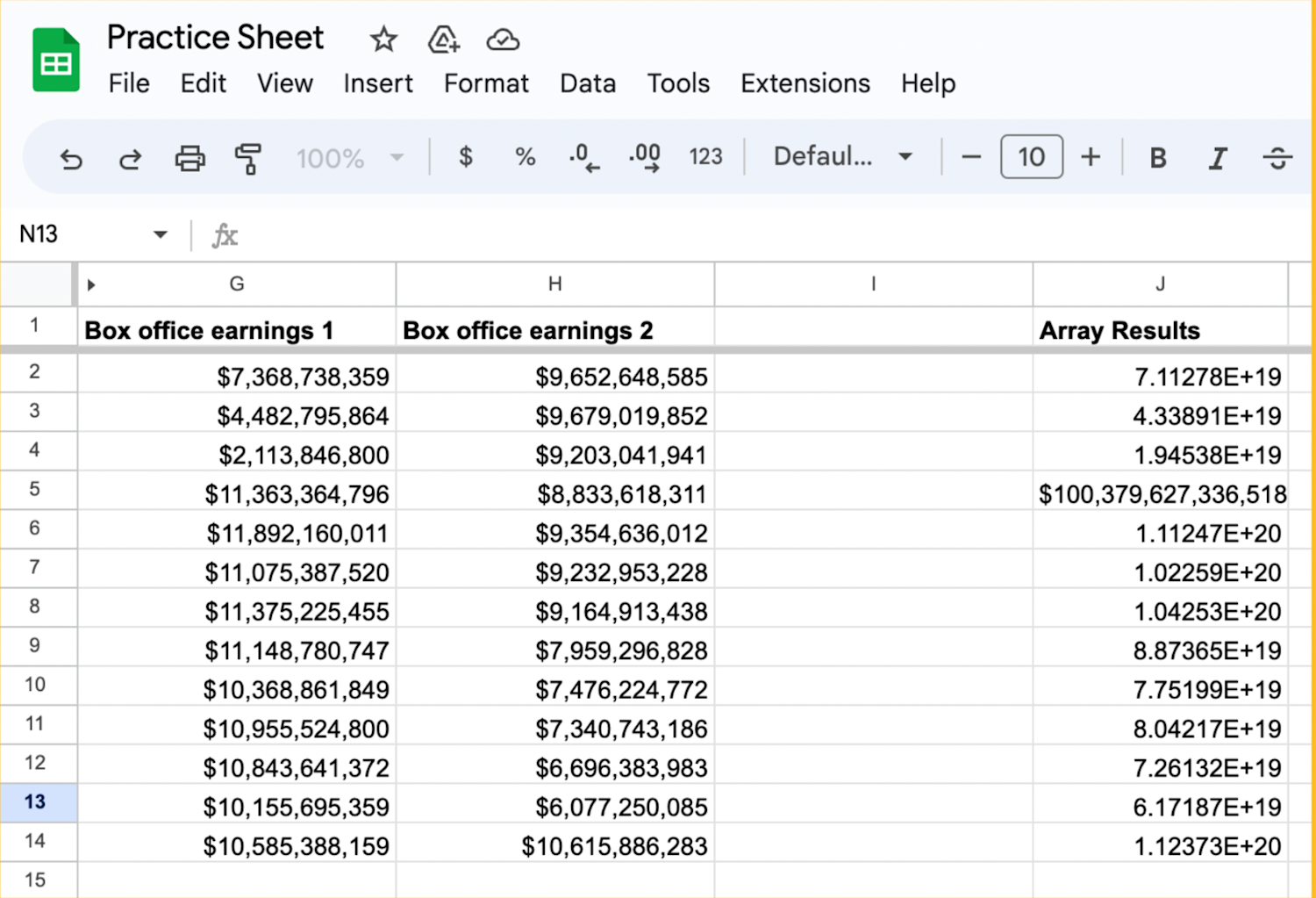 Google Sheets opened with the data from Columns G and H multiplied line by line to create a new array for rows 2 through 14