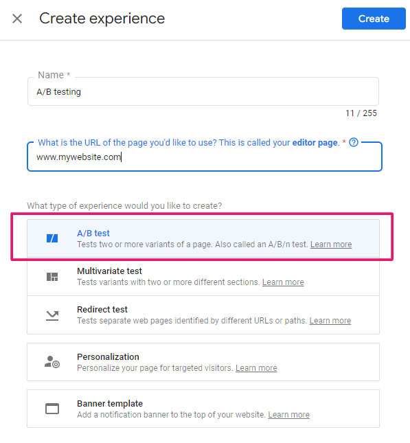 Google Optimize experience choose A/B test