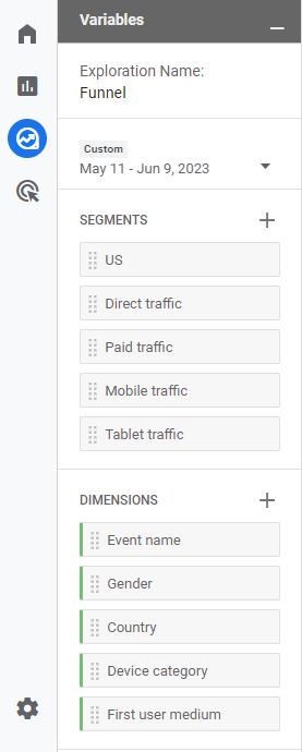 Google Analytics funnel Variables options