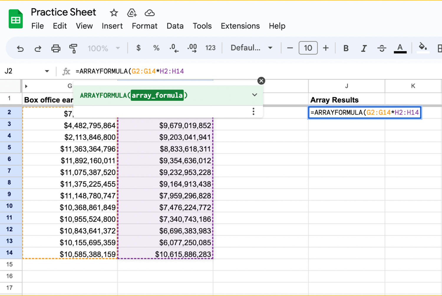 Google Sheets opened with the 'ARRAYFORMULA' function being created multiplying G2:G14 and H2:14 line by line