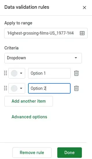 Google Sheets Data validation rules menu