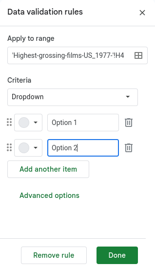 Google Sheets Data validation rules menu