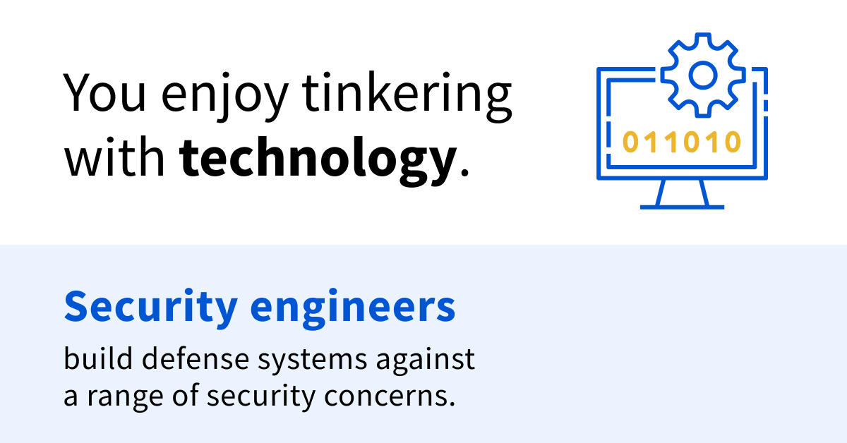 Black and blue text on a blue and white background that reads: "You enjoy tinkering with technology. Security engineers build defense systems against a range of security concerns."