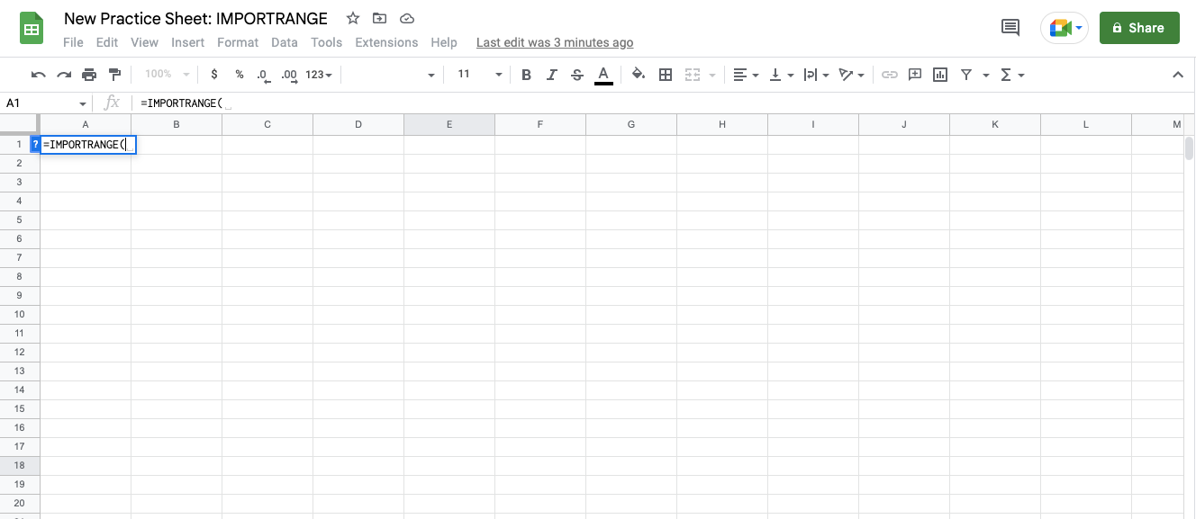 Alt text: IMPORTRANGE function displayed in Google Sheets.