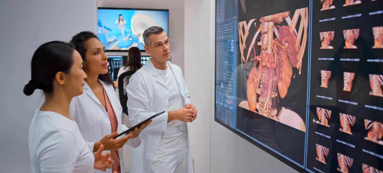 [Featured Image] Three doctors analyzing high-dimensional images of MRI scans.
