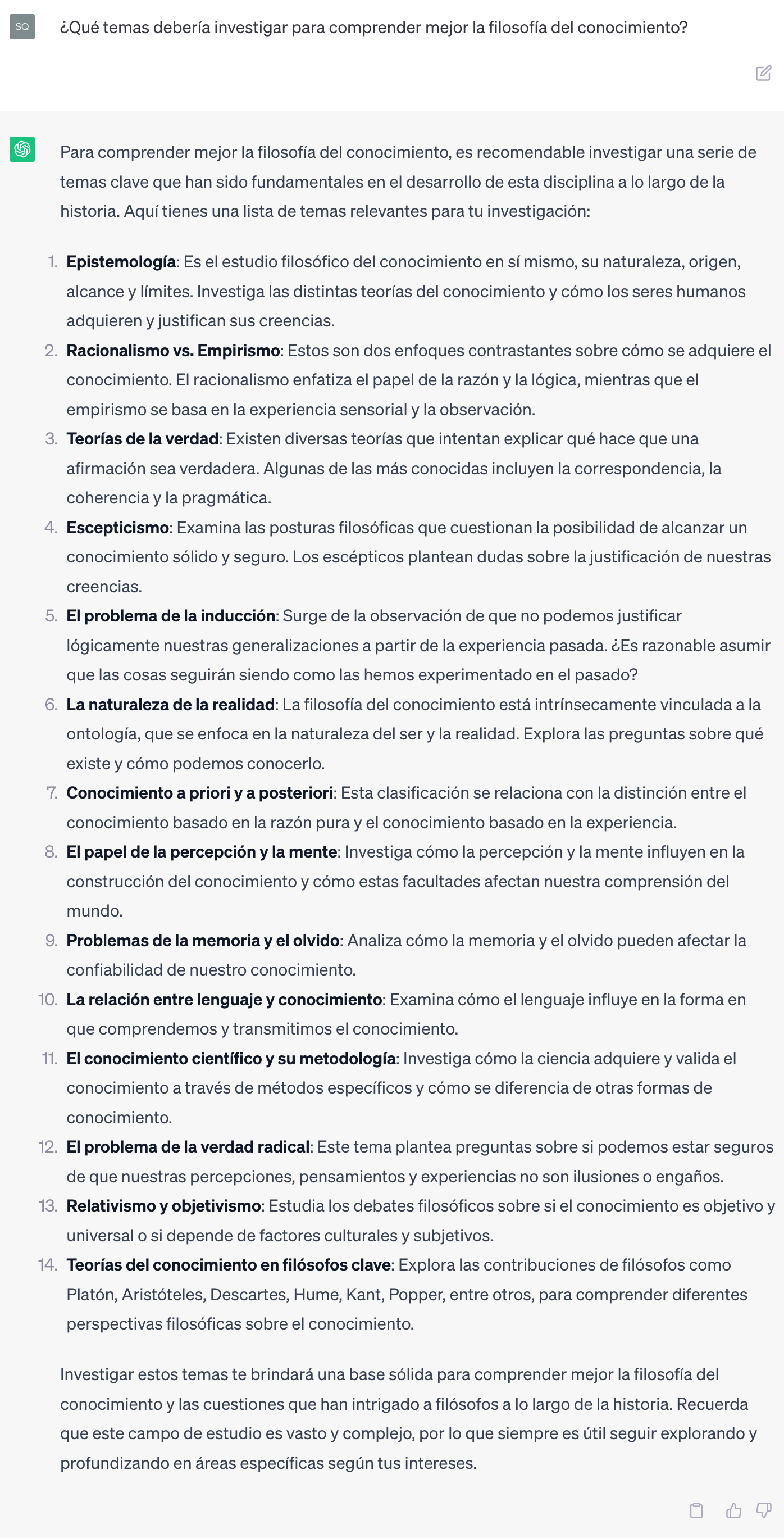 [Captura de pantalla] Captura de pantalla de una respuesta de ChatGPT a la pregunta: "¿Qué temas debería investigar para comprender mejor la filosofía del conocimiento?"