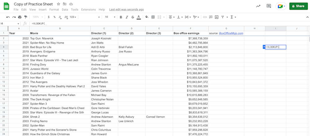 Alt text: VLOOKUP function displayed in Google Sheets.