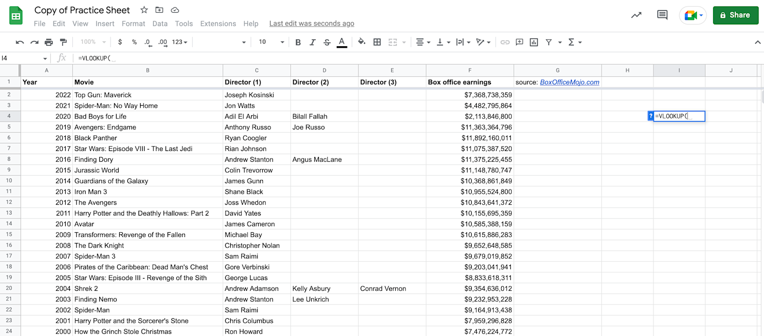 Alt text: VLOOKUP function displayed in Google Sheets.