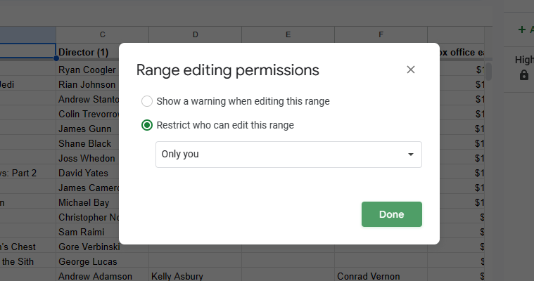 A pop-up box opened in Google Sheets that says ‘Range editing permissions’ with ‘Only you’ selected