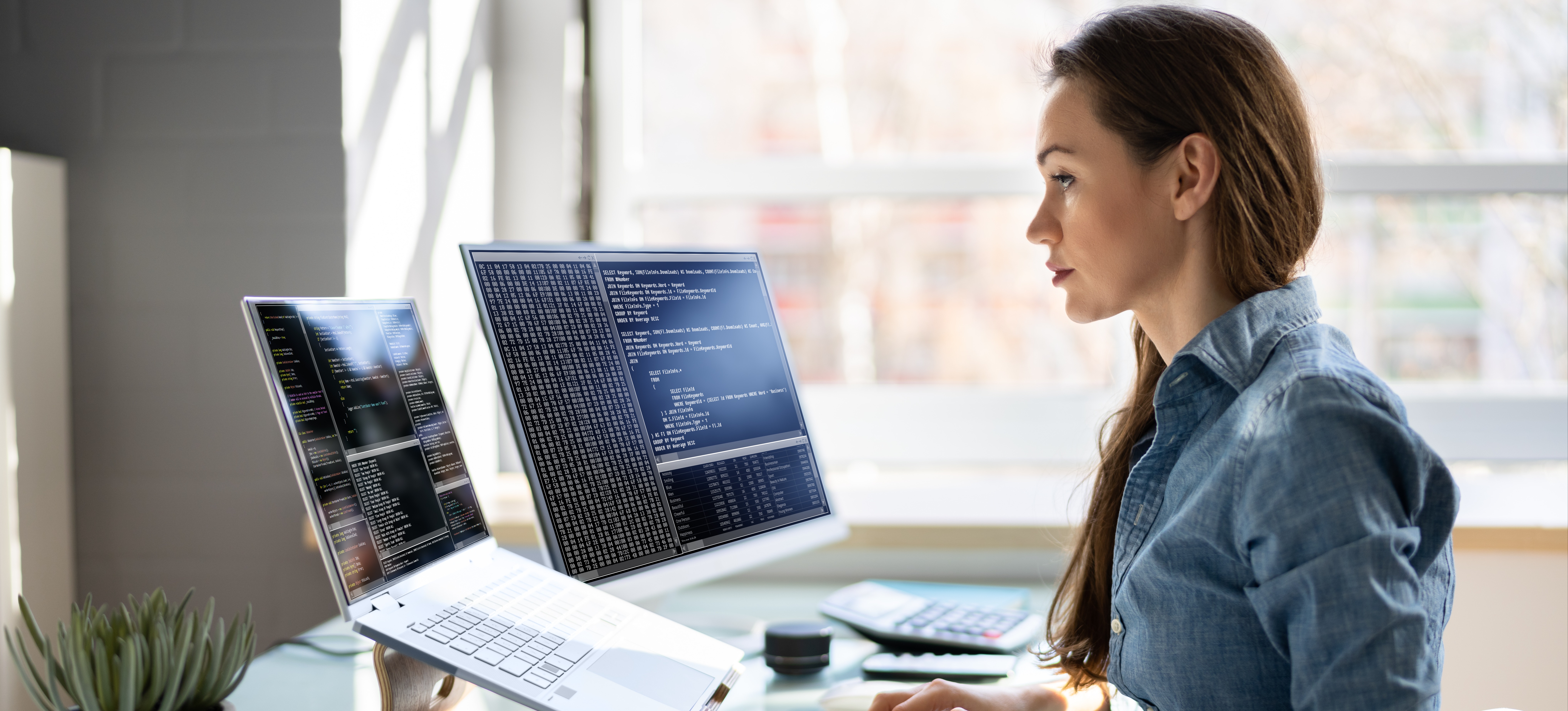 [Hauptbild] Eine Person in einem blauen Hemd sitzt an einem Schreibtisch neben einem Fenster und arbeitet mit Code auf einem Laptop und einem Zweitmonitor.