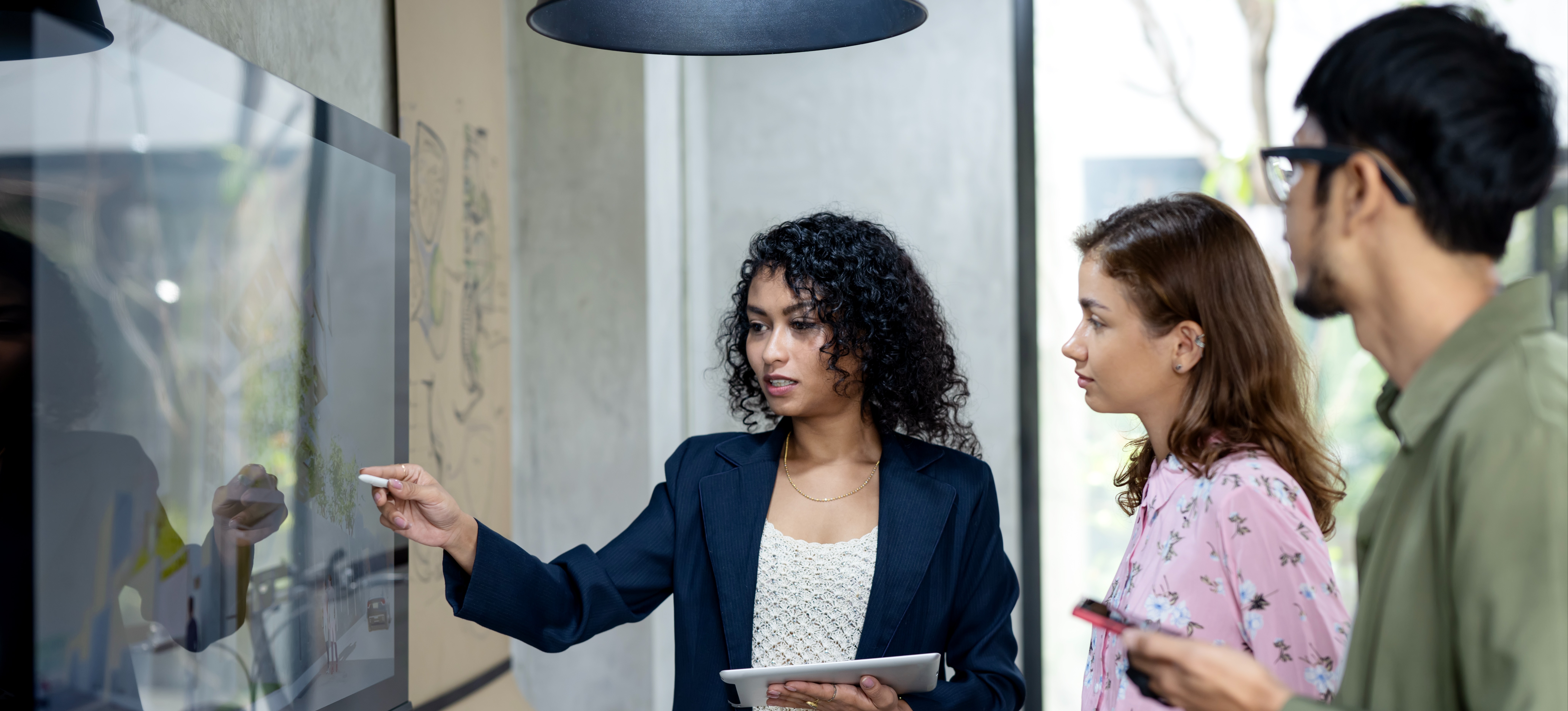 [Featured Image] A professional is showing business stakeholders a treemap on a screen.
