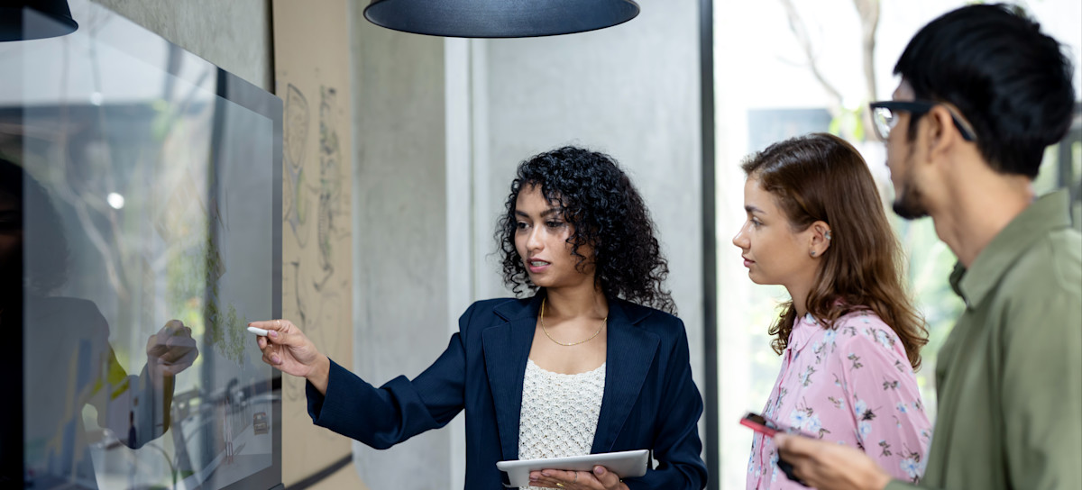 [Featured Image] A professional is showing business stakeholders a treemap on a screen.
