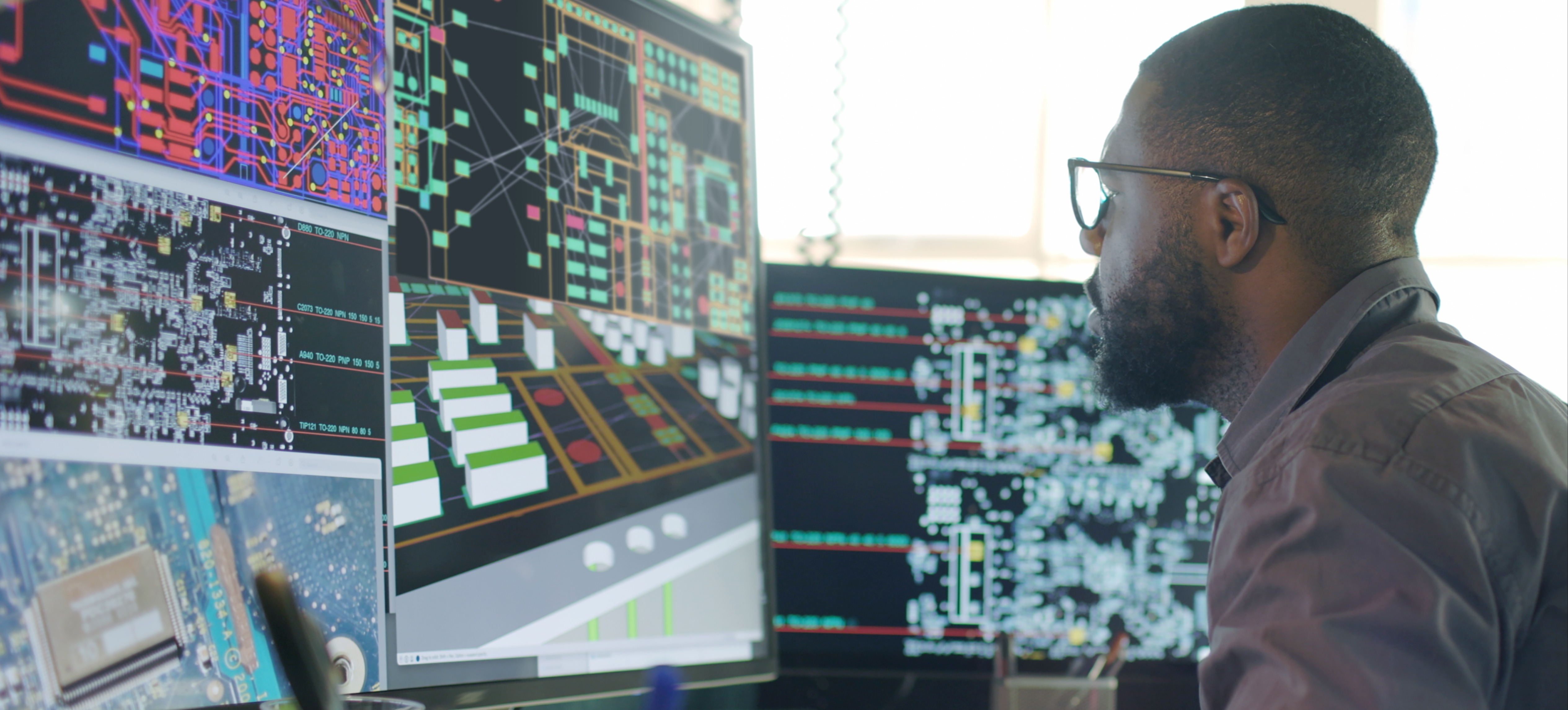 [Hauptbild] Ein Elektronikingenieur demonstriert seine technischen Fähigkeiten, während er an einem Computer mit mehreren Bildschirmen arbeitet.