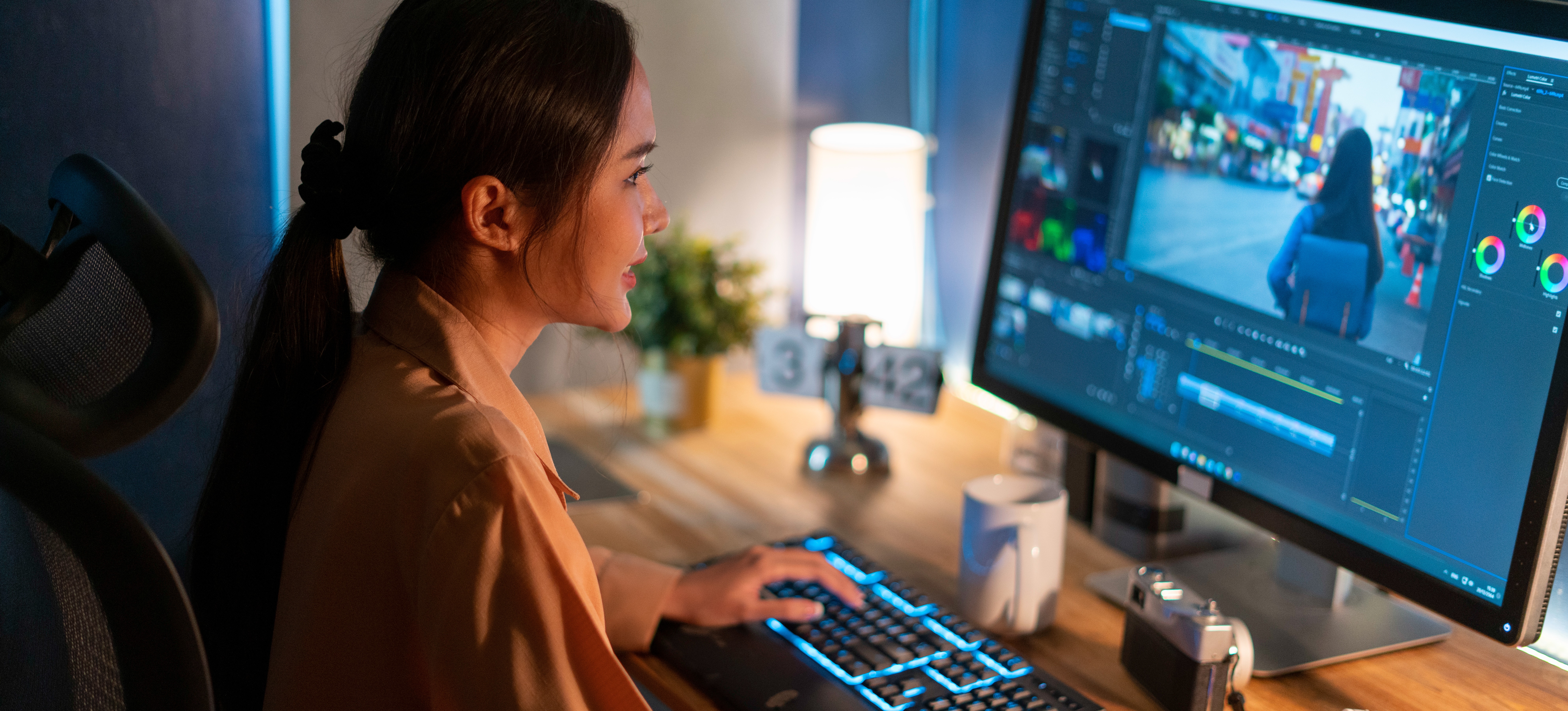 [Featured image] A content creator is editing a video using skills they gained through an Adobe Express certification.

