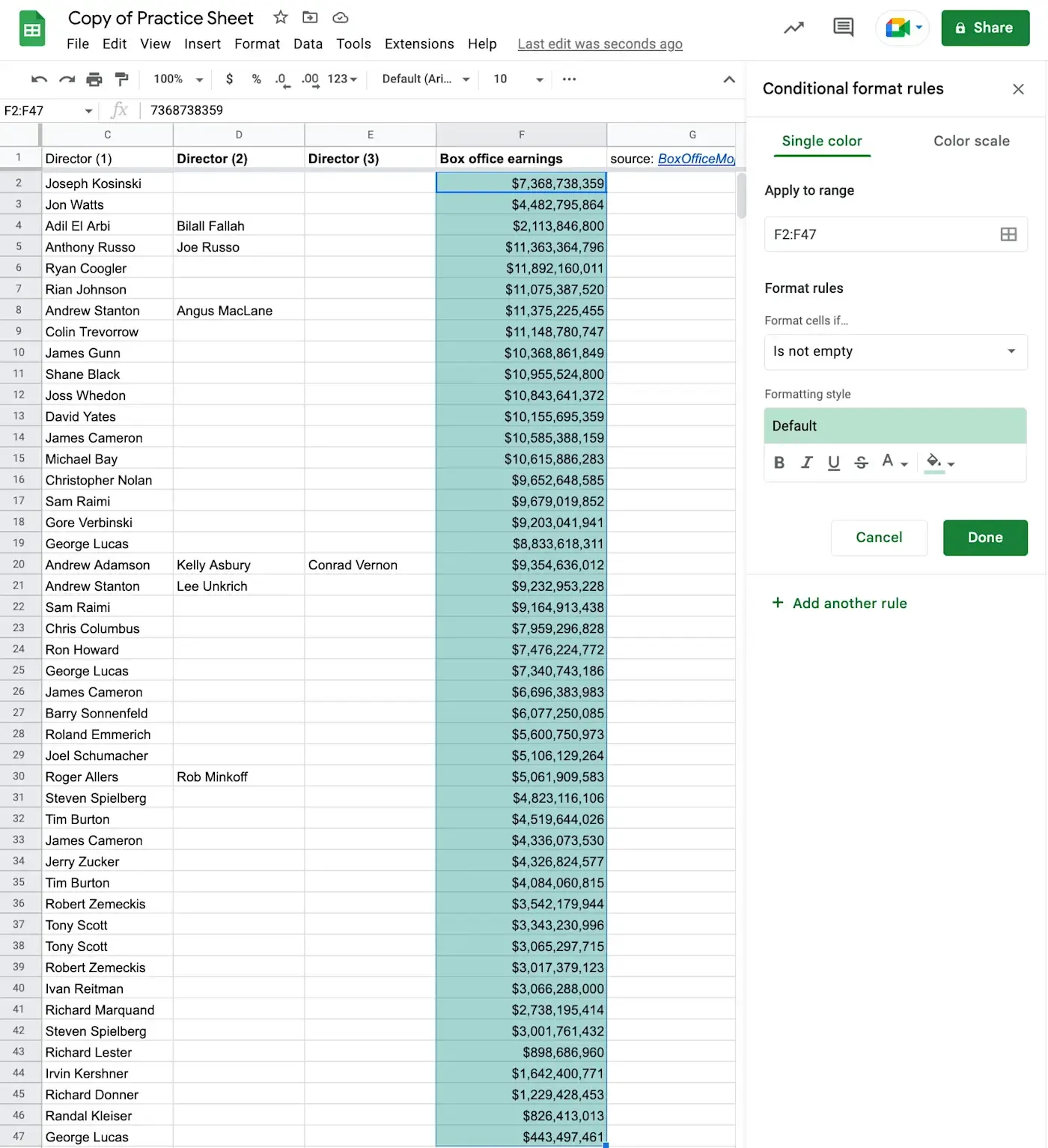 Alt text: The Google Sheets conditional formatting function menu
