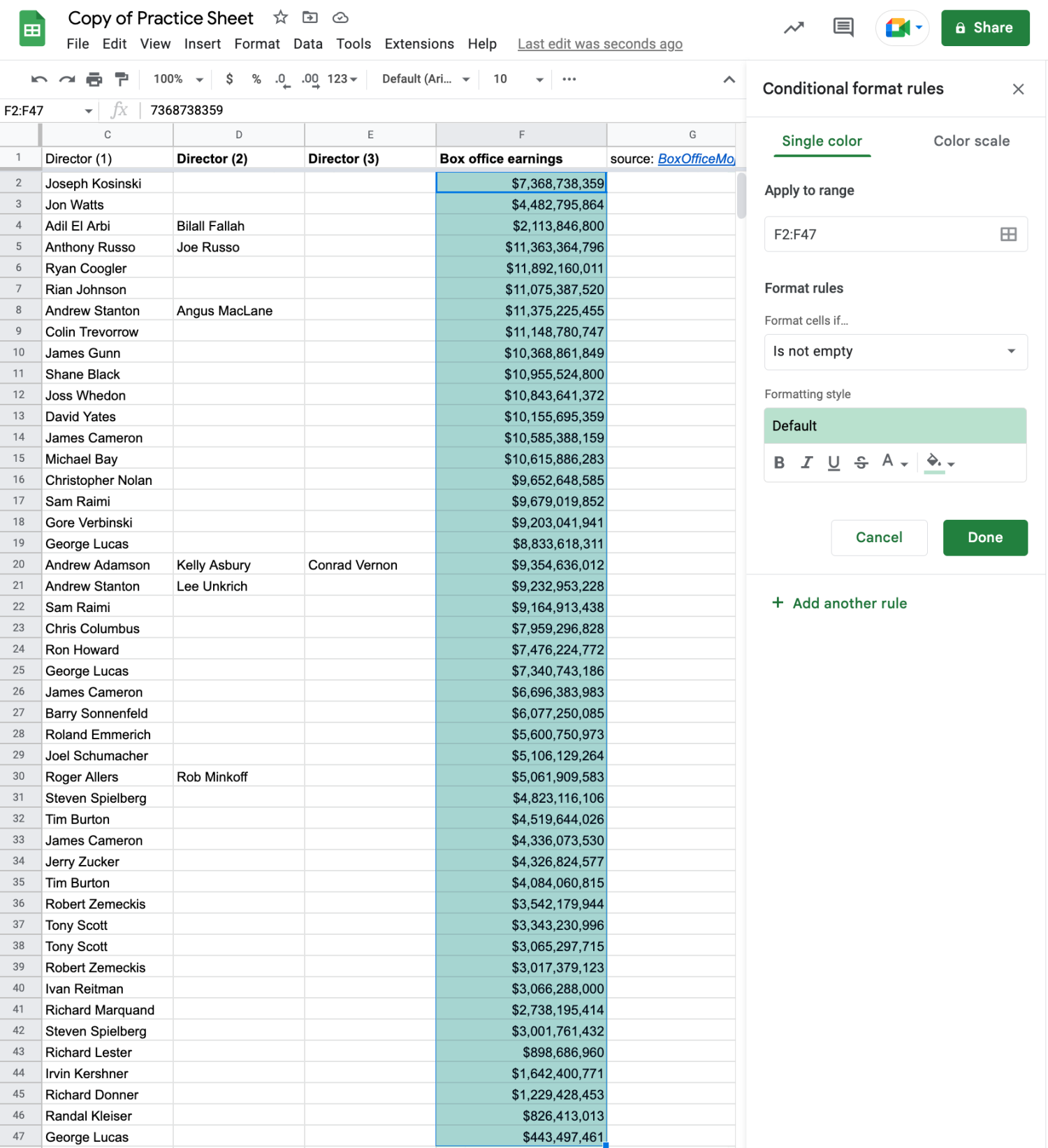 Alt text: The Google Sheets conditional formatting function menu