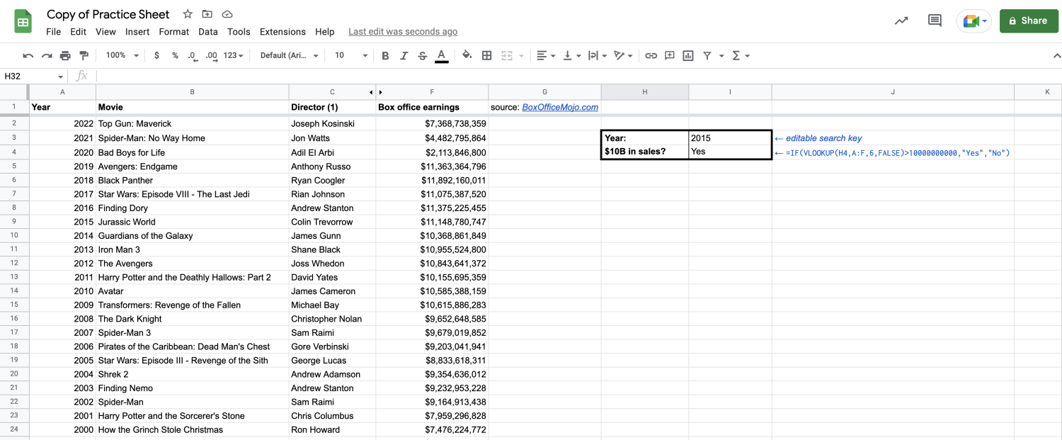 Alt text: VLOOKUP function with IF statements displayed in Google Sheets.