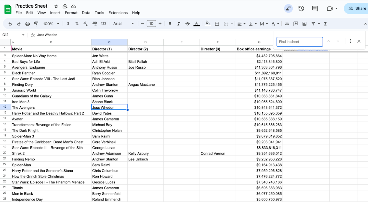 [Screenshot] Screenshot of Google Sheet with search box opened