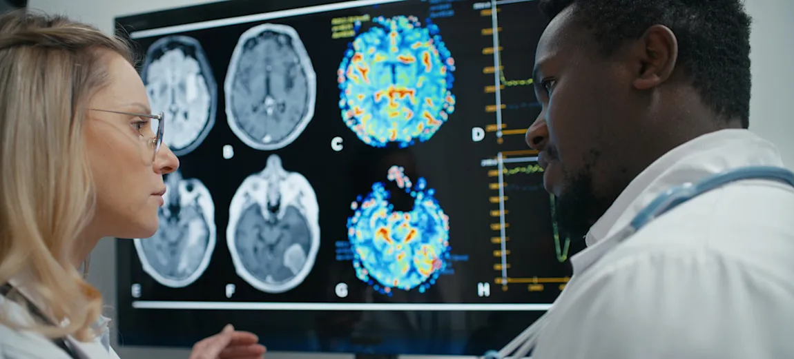 [Featured Image] Two medical doctors use semantic segmentation technology to view images of brain scans and discuss the results.
