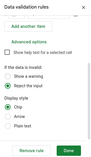 Advanced options for data validation rules