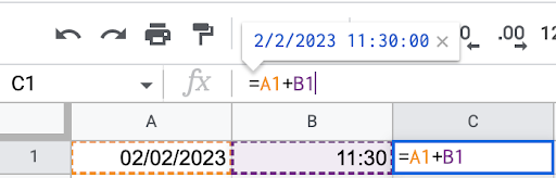 Alt text: Screencap displaying the preview of a concatenate formula with a date cell and a time cell in Google Sheets