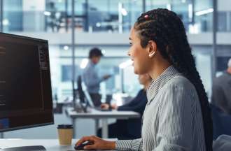[Featured Image]:  A woman wearing a gray striped shirt and has long dark hair.  She is working in front of her computer screen.  