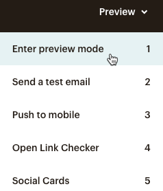 [Body image] A screenshot of a Mailchimp "Preview" menu with the user's cursor highlighting the "Enter preview mode" option.