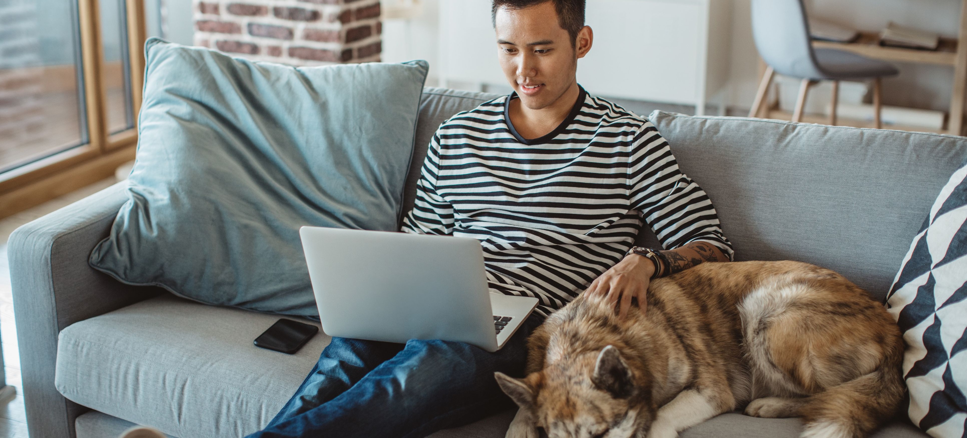[Featured image] An IT support specialist is learning about DHCP while sitting on the couch with their dog. 