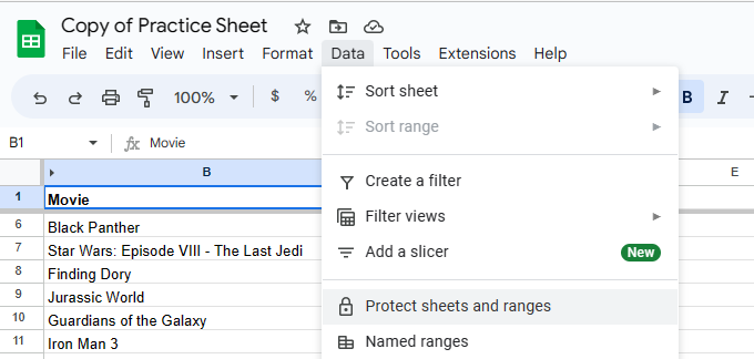 Data drop-down tab with ‘Protect sheets and ranges’ selected in Google Sheets