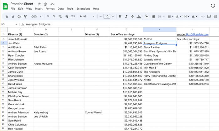Query results including movie titles and directors from columns B and D