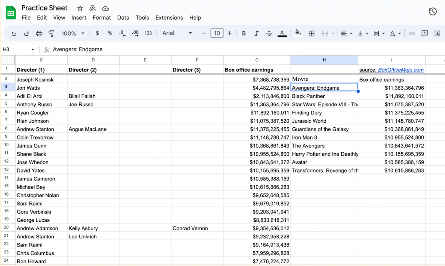 Query results including movie titles and directors from columns B and D