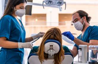 [Featured Image] A female dental assistant in blue scrubs assists a dentist who is treating a patient in a dental chair.