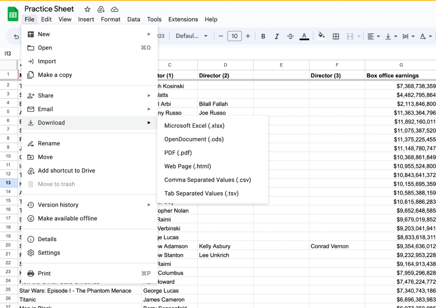 Google Sheets  'Download' button shown with file type options displayed