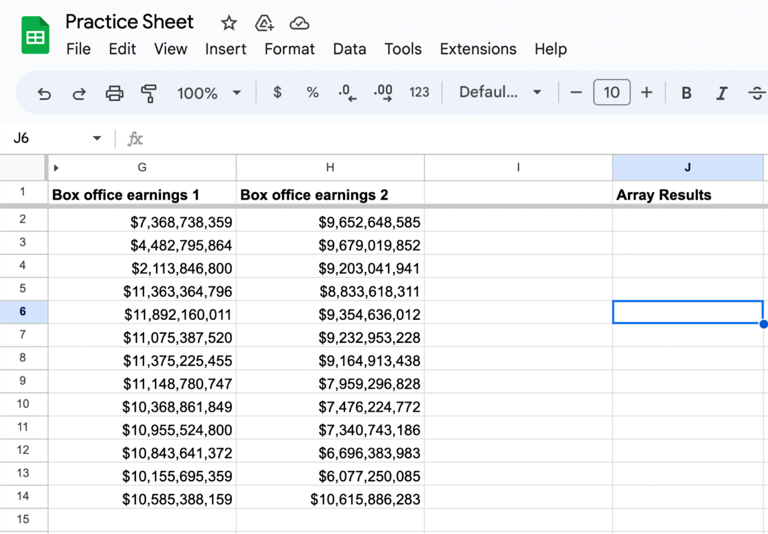 Google Sheets opened with the data organized into columns