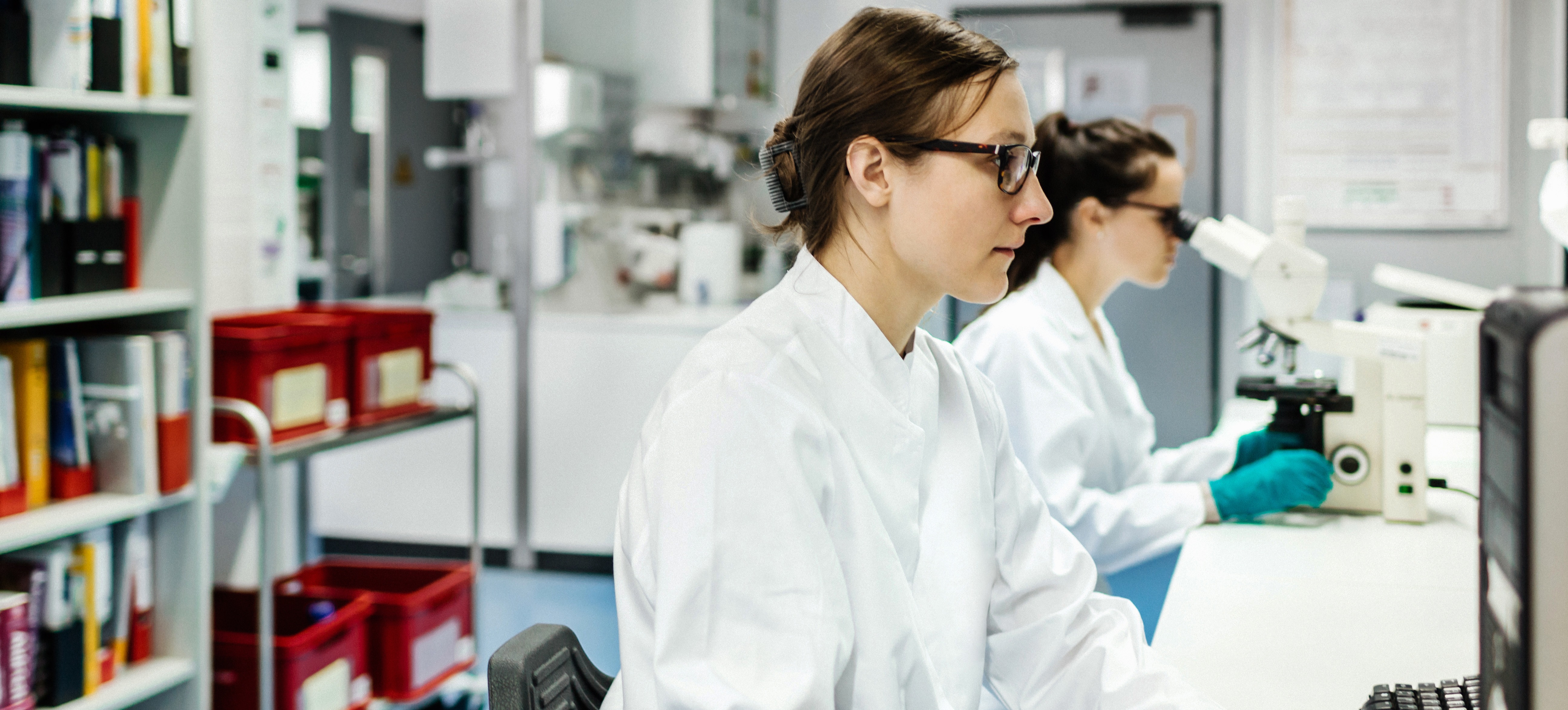 [Imagen destacada] Estudiante de licenciatura de ciencias de la salud en un laboratorio examina datos de un microscopio en su computadora.