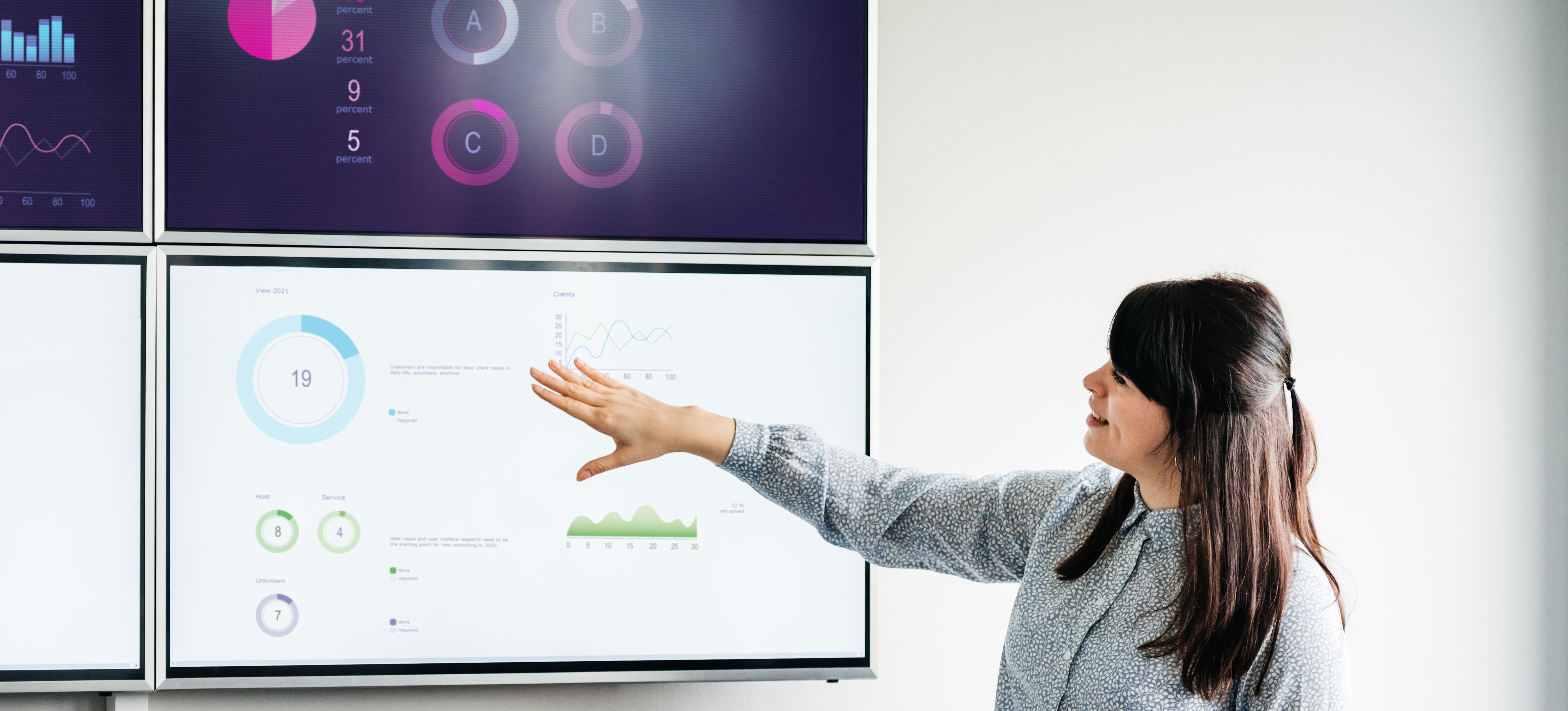 [Hauptbild]: Datenvisualisierungsanalysten präsentieren und informieren das Team.