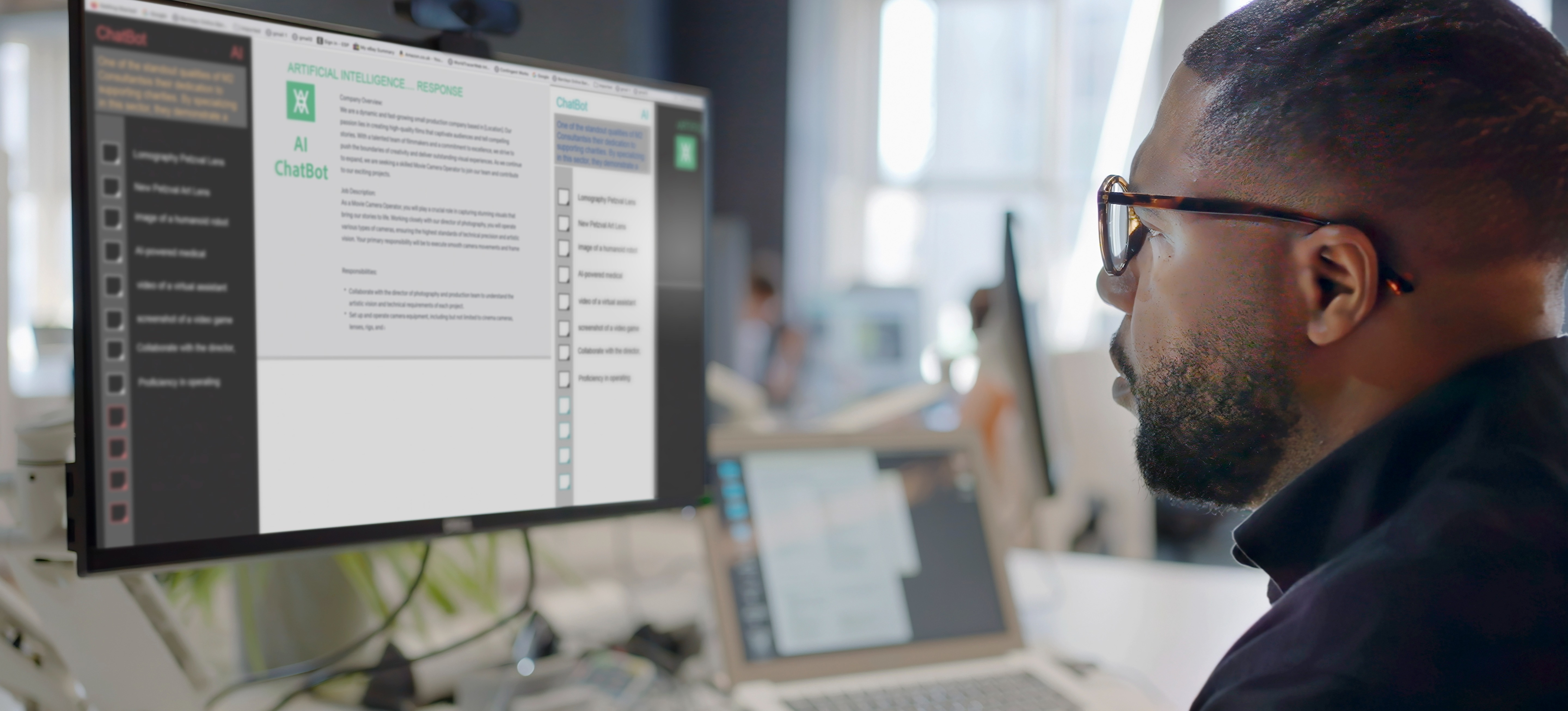 [Featured Image] A person sits at their desk testing various generative AI vs. machine learning models as they receive input from a chatbot on their computer screen.
