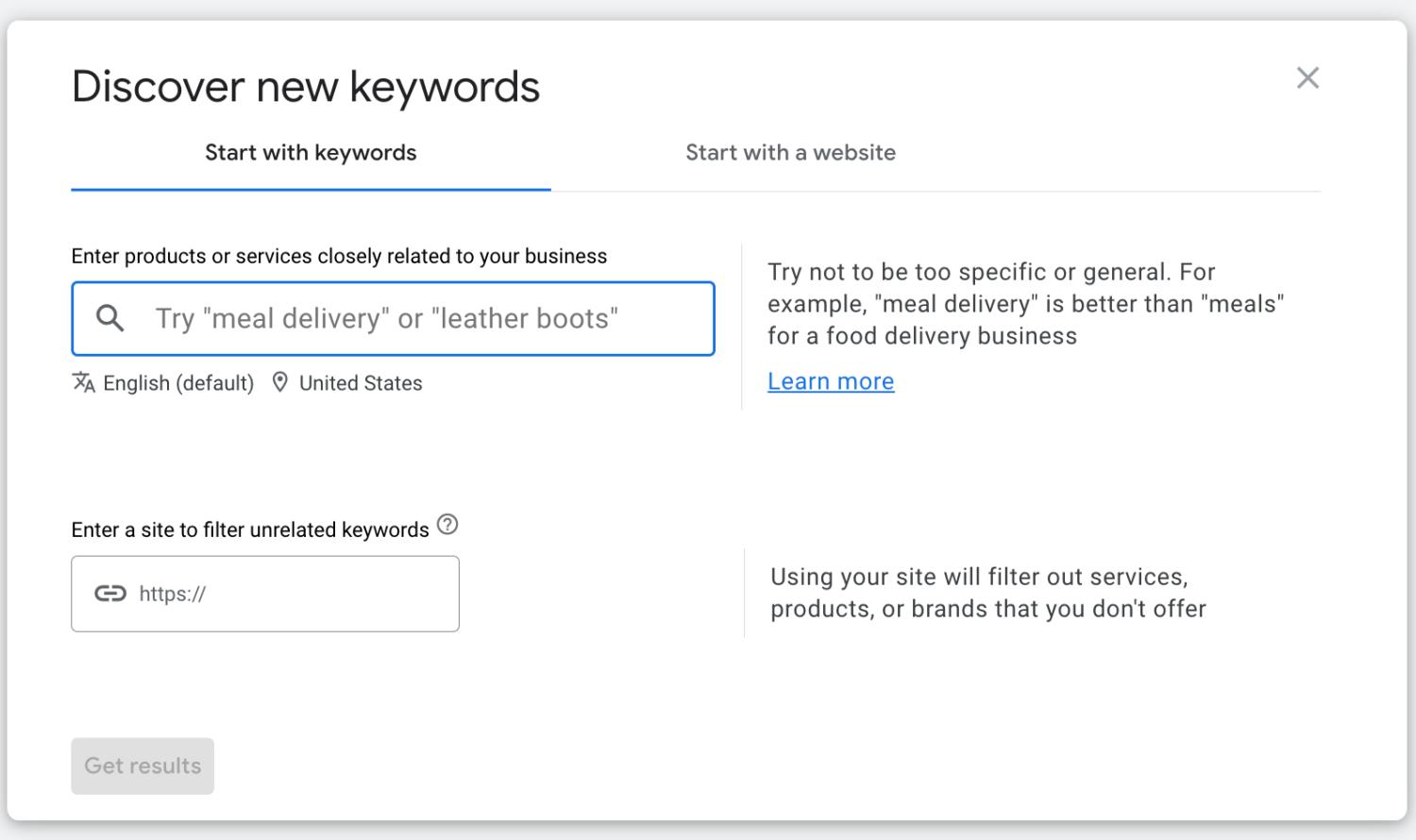Screenshot of Google Ads keyword research page.
