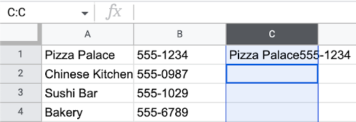 Alt text: Screencap displaying the results of a concatenate function in a new column in Google Sheets.