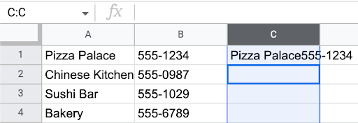 Alt text: Screencap displaying the results of a concatenate function in a new column in Google Sheets.