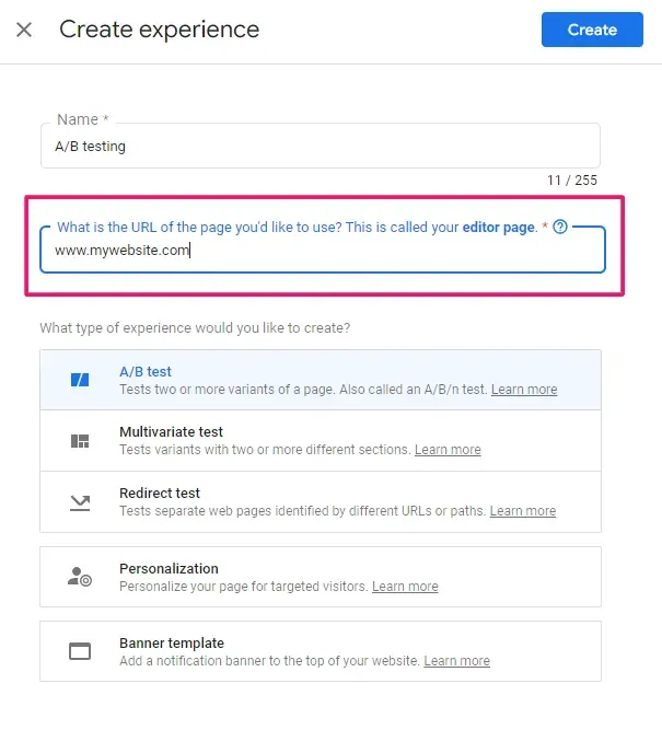 Google Optimize experience URL