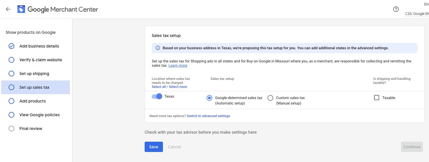 [Screenshot] Set up sales tax within Google Merchant Center