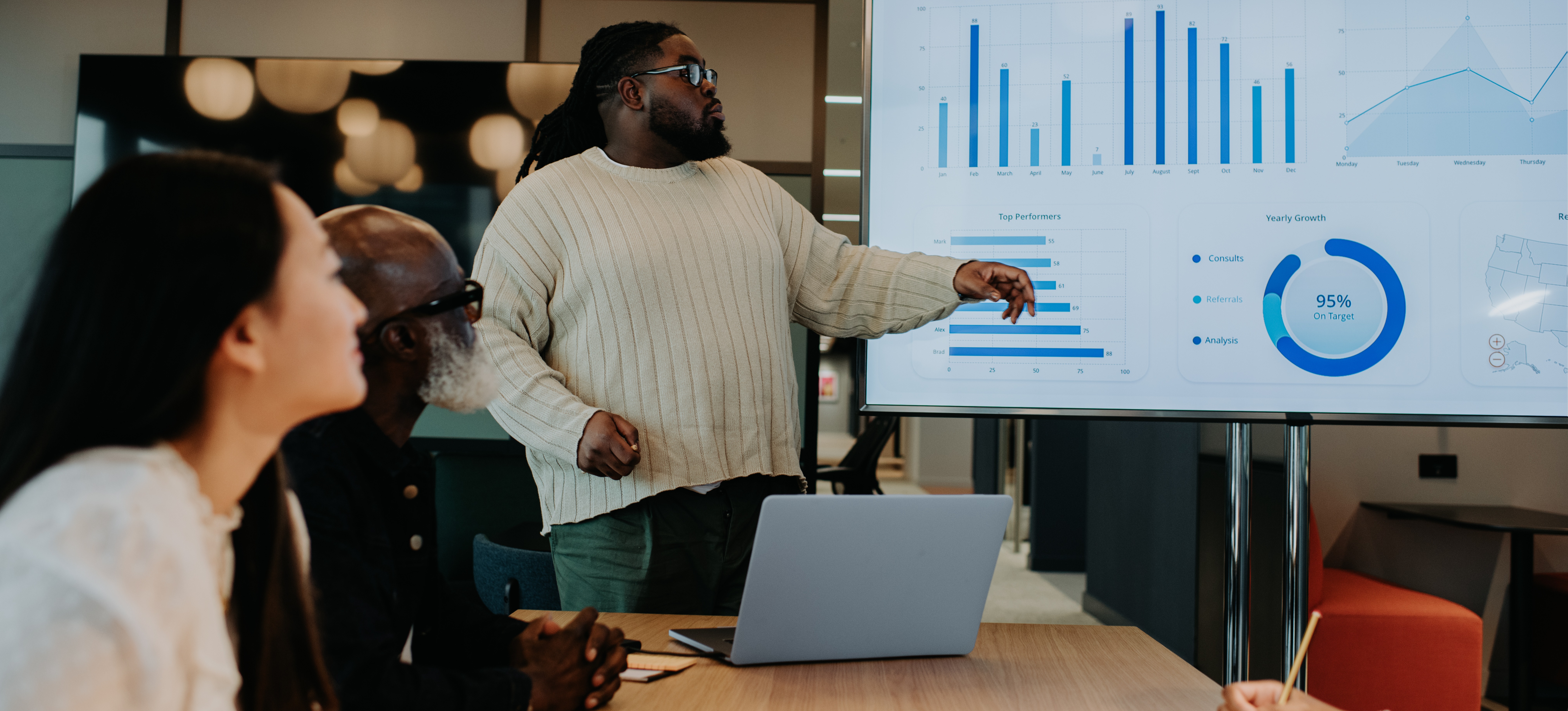 [Featured Image] A man in front of a screen uses forecasting techniques to explain where he thinks the company is headed and why. 
